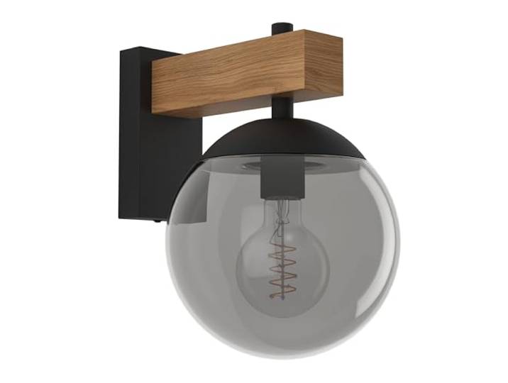 EGLO Applique murale extérieure Bufalata\, lampe de façade avec boule en plastique effet fumé\, éclairage d‘extérieur en métal noir et aspect bois\, luminaire avec douille E27\, IP44