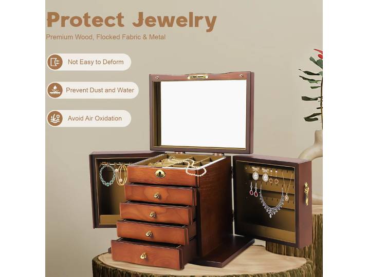 Boîte à bijoux en bois à 5 étages avec tiroirs et miroir, boîte à bijoux marron, boîte de rangement de style vintage pour ranger les bijoux