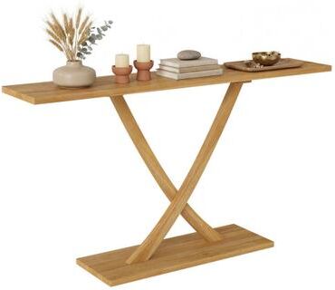 Costway 57 Inch Solid Wood Console Table with Teak Wood Frame and Geometric Design