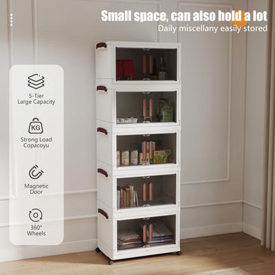 AISWORD 3/4/5-Tier Storage Box with Lid - Stackable Storage Box with Wheels, Foldable Storage Bin, Living Room Closet Organizer