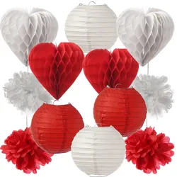 MARELIDA Partyset Papierdekoration 48-teilig Papierblume Lampions Waben Herzen