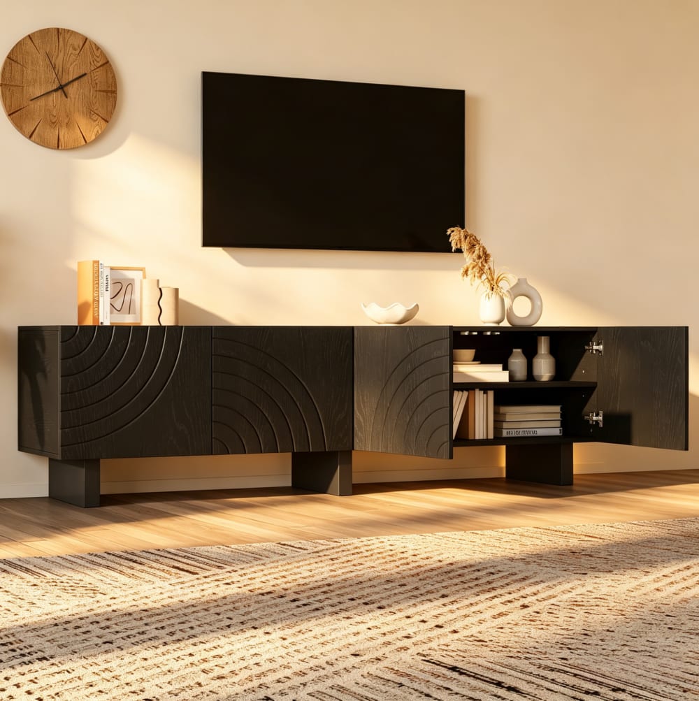 MODFU Mueble tv con 4 puertas para televisor de 75 pulgadas 180 cm negro