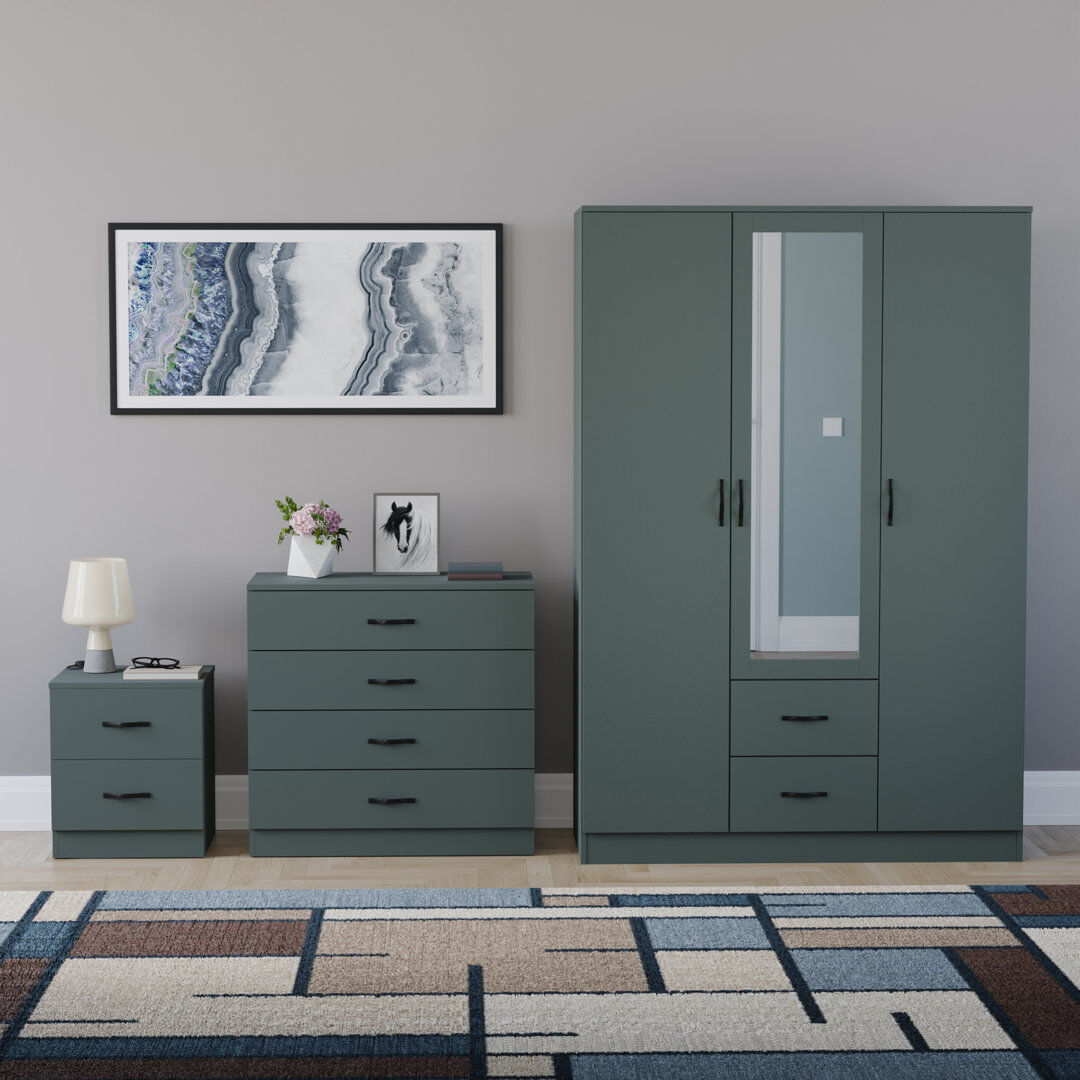 17 Stories Maybery 3 Piece Bedroom Set (2 Drawer Bedside Chest, 4 Drawer Chest, 3 Door 2 Drawer Mirrored Wardrobe), (5) Green