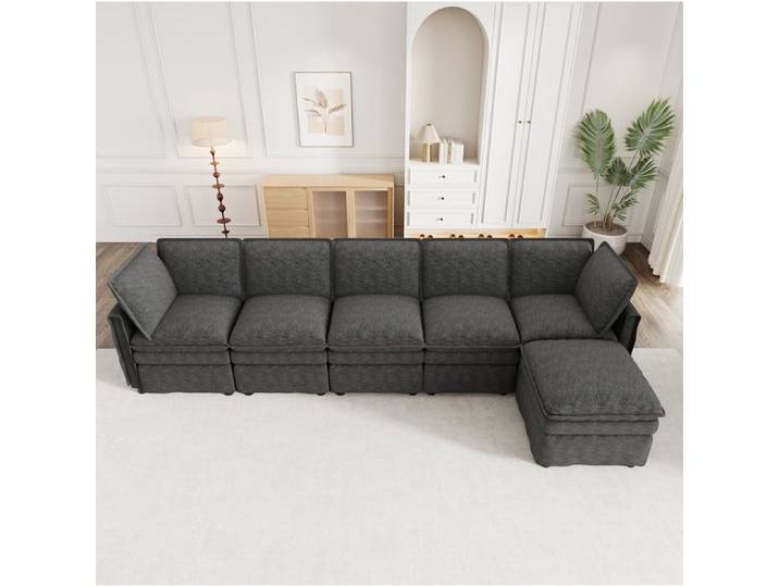 Canape Modulable XXL Chenille Grise Canape D'Angle FloraGrace Pour Salon Pouf Mobile Et Couchage D'Appoint 344x127x91cm
