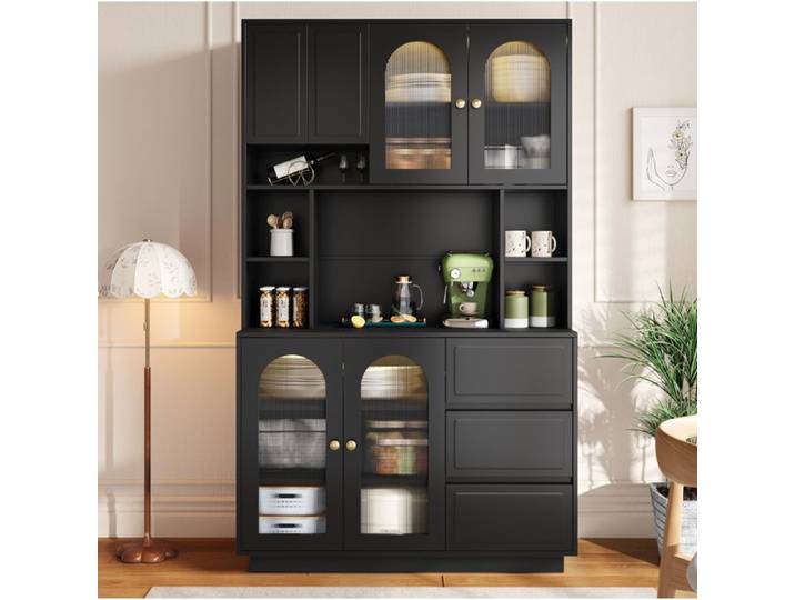 MEULVA Buffet de cuisine haut 106 cm meuble de rangement noir en MDF portes en acrylique cintrées LED APP
