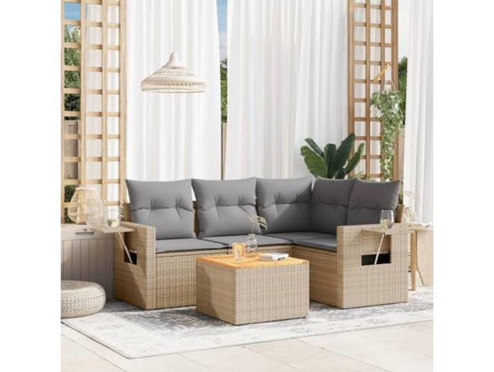 POUFGDR Gartenmöbel, 5-teilig, Beige, geflochten Klappbarer Beistelltisch, abnehmbarer Bezug, Akazienholz, modulares Design