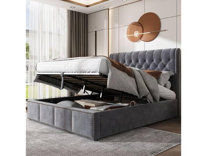 Lit Coffre 2 Places 140×190 cm avec Vérin Hydraulique Rangement et Clous sans Matelas Velours Gris - UVRION