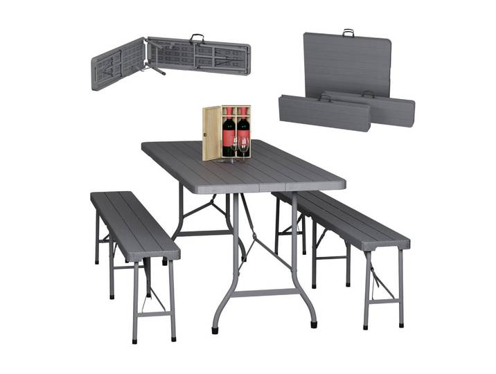 Relaxdays Bierzeltgarnitur Grau 3-tlg. klappbar 180 cm, Kunststoff, Metall, rechteckig, Gartenmöbel, Gartengarnituren, Gartenmöbel-Set