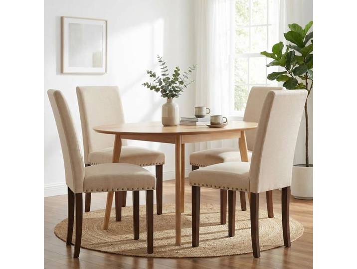 Lot de 4 Chaises de Salle à Manger Rembourrées Pieds en Chêne pour Maison Bureau Cuisine (Beige 4 Chaises)