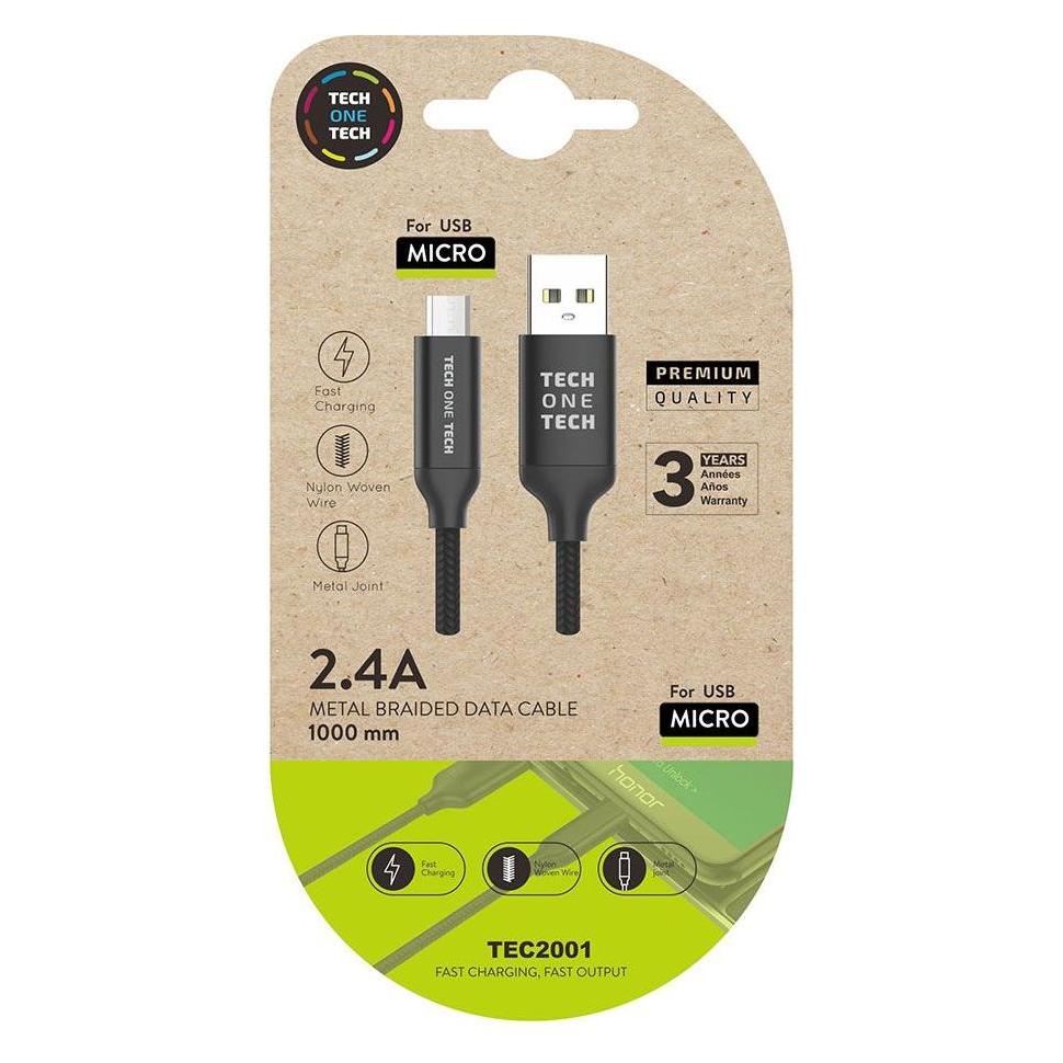 Tech One Tech Black braided nylon cable (usb-a to micro usb) 1m 2 (1 m, USB 2.0) (45258585)