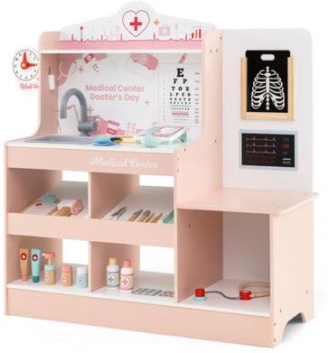 Costway Wooden Doctor Playset with Stethoscope for Toddlers over 3 Years Old-Pink