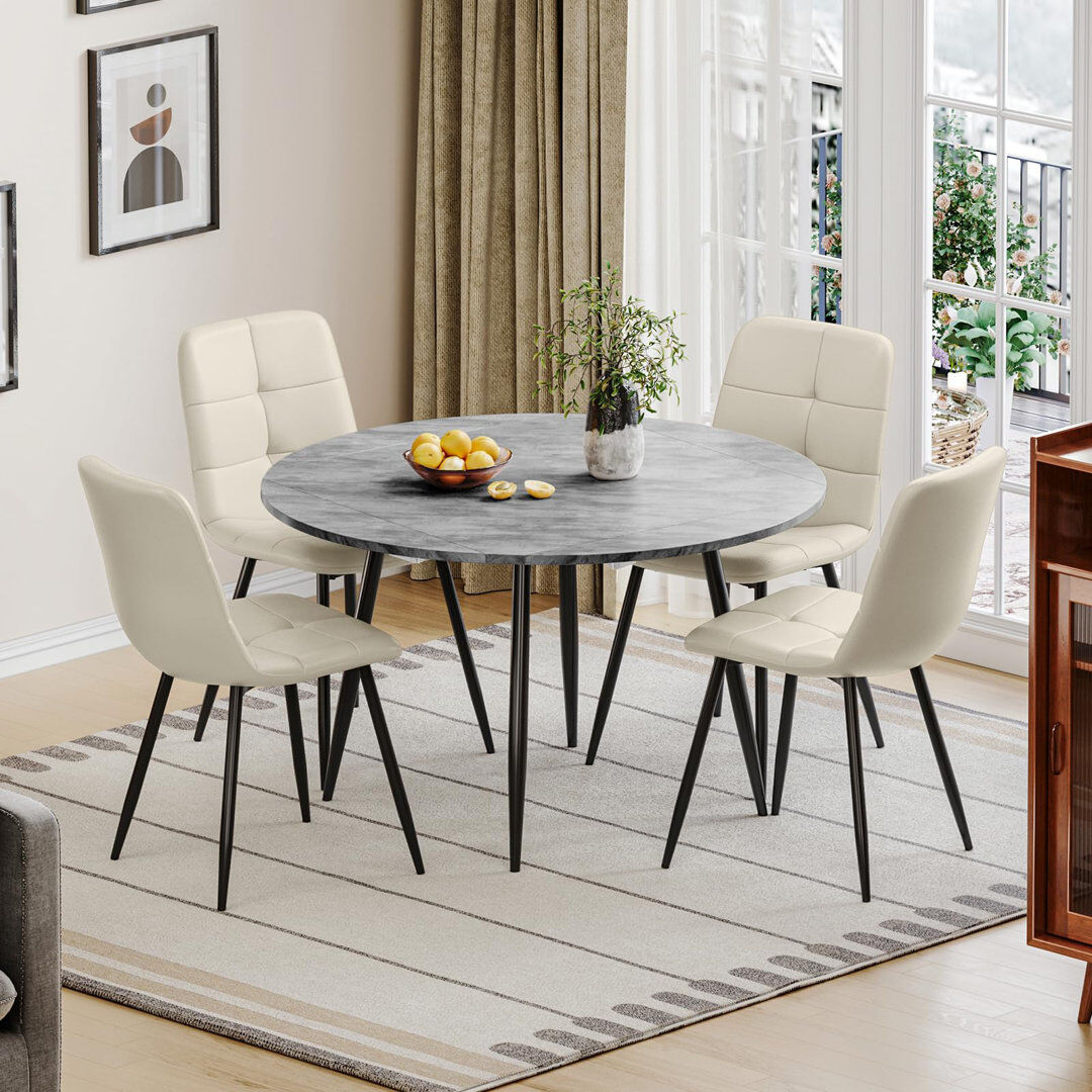 George Oliver Dining Table And Chairs Set Of 4, Extendable Round Marble Effect Folding Table With Upholstered Tech Fabric Chairs For Dining Room,Kitchen Beige/Grey 4