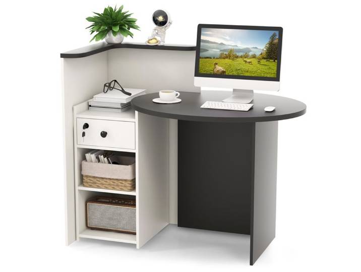COSTWAY Bureau de Réception avec Tiroir Verrouillable Étagère Réglable Plateau de Forme Ovale pour Hall Salon Bureau Noir+Blanc