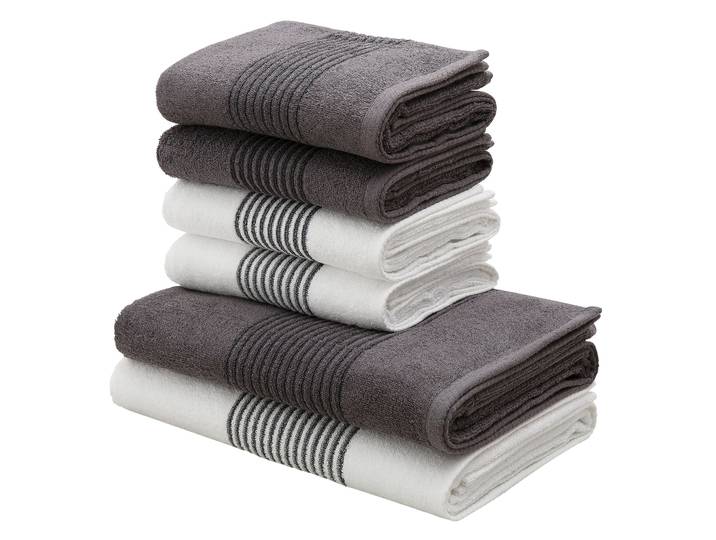 Handtuch Set BRUNO BANANI Jassen, Duschtücher, Handtücher , grau (weiß, anthrazit), 6, Walkfrottee, Walkfrottee, Obermaterial: 100% Baumwolle, Handtuch-Sets, Handtuch Set, mit gestreifter Bordüre, 6 teiliges Handtücher Set aus 100% Baumwolle