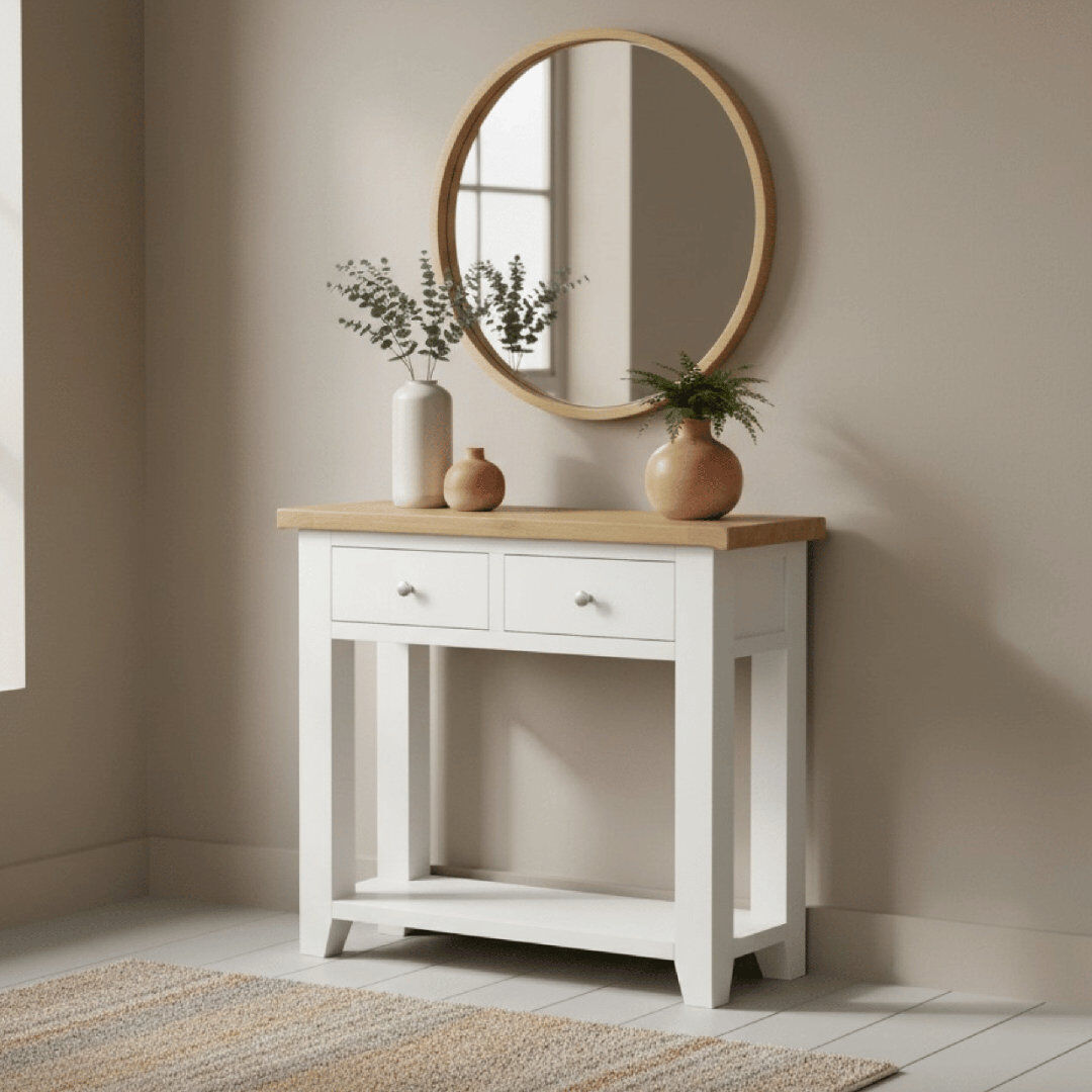 Lark Manor Cooksey Fully Assembled 2 Drawer Console Table Oak White 81cm H X 85cm W X 34cm D