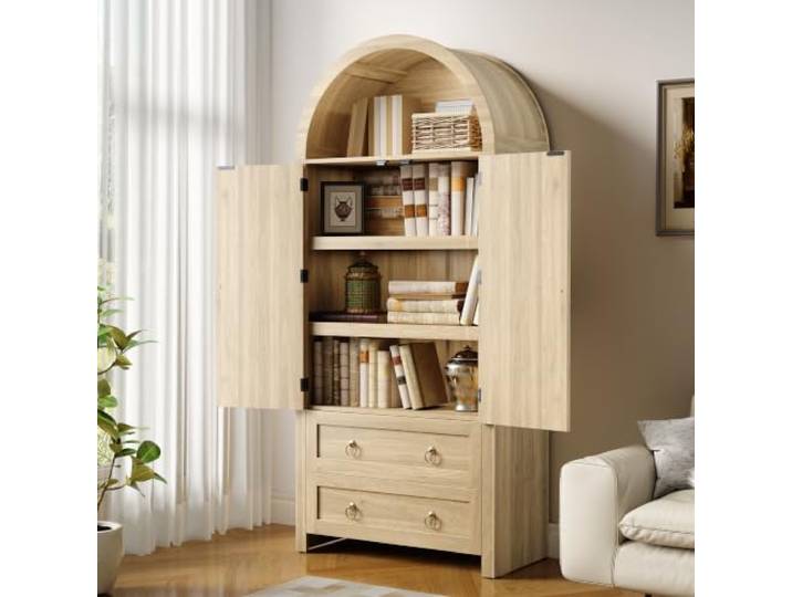 Elaimoros Sideboard im Korbgeflecht-Bogenstil, Doppelschubladen, Vintage-Sideboard für Wohn- und Schlafzimmer, Aufbewahrungsschrank，Eichenholzfarbe