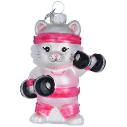 Holly & Jolly 1 Christbaumschmuck Glas 8,5cm Fitness Katze Figur Weihnachtsbaum Anhänger Christbaumanhänger Weihnachtsdeko Winter Glasfigur Grau Rosa