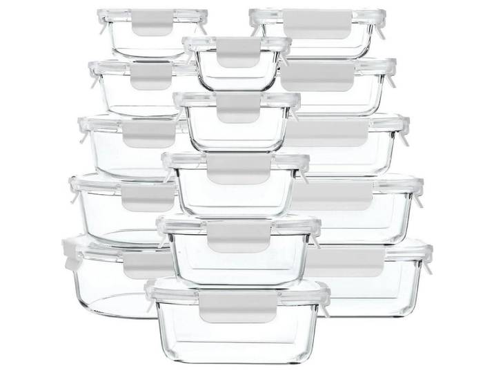 Vorratsdosen-Set Glas 15-teilig auslaufsicher mikrowellengeeignet Weiß, 15.4x7x20.7 cm, Küchenzubehör, Vorratsbehälter, Vorratsdosen