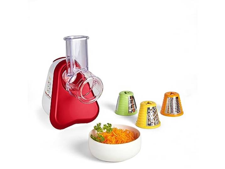 Moulinex - Fresh Express Découpe-légumes électrique 3 fonctions - Rouge Râpe à légumes avec système Twist breveté\, service direct - 3 cônes inox pour trancher\, émincer\, couper et râper vos aliments