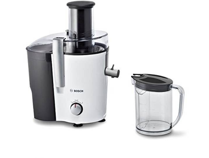 Bosch XL Entsafter, für Obst und Gemüse, große Mengen, XL Einfüllschacht, schnell, kein Vorschneiden, 1,25l Saftbehälter, leichte Reinigung, spülmaschinenfest, 700 W, weiß/grau, VitaJuice 2 MES25A0