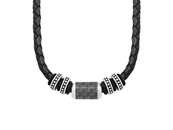 s.Oliver Halsband Edelstahl Carbon/Leder Herren Halsschmuck, 47+3 cm, Schwarz, Kommt in Schmuck Geschenk Box, 2026107