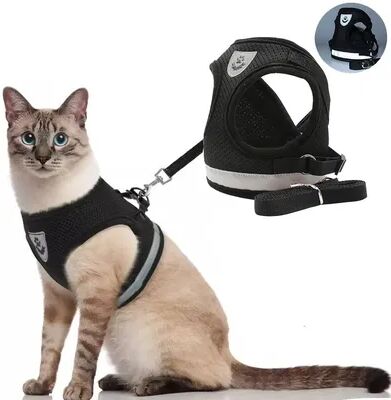 Inspire Daily Merch Reflective Adjustable Cat Harness Leash Set Mesh Vest Escape Proof Puppy Dog Collar black s