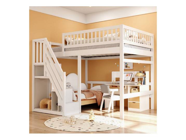 Flieks Hochbett Massivholz Doppelbett Kinderbett 140x200cm mit Stauraumtreppe