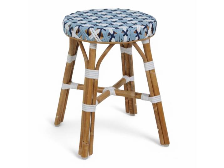 Tabouret bas de terrasse AUTEUIL - Rotin - Tressage Bleu et Blanc