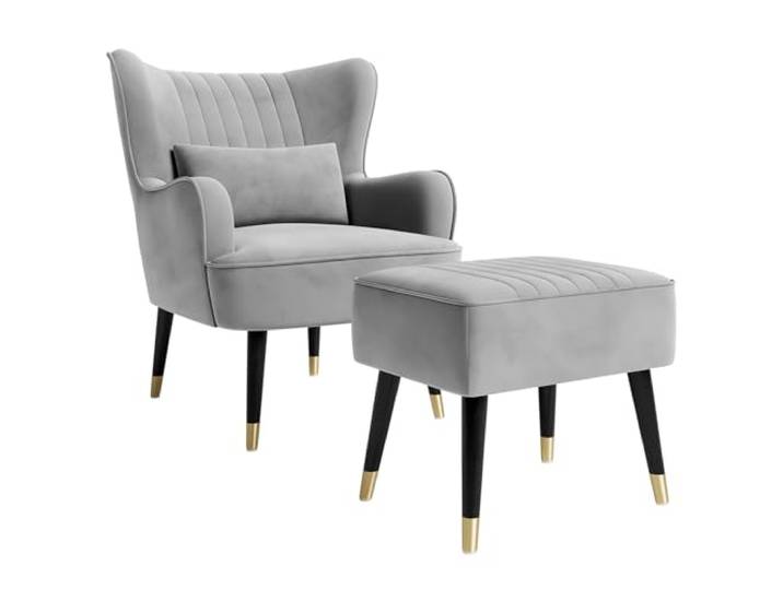 Vesgantti Samt Sessel, Moderne Relaxsessel mit Holzbein, Loungesessel mit Armlehnen, Ohrensessel für Wohnzimmer Schlafzimmer (Hellgrau, Mit Fußhocker)