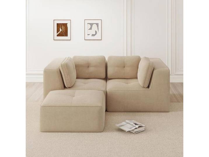 Canapé d'angle modulable - KOMHTOM - Canapé modulable 2 places - Velours côtelé - Repose-pieds mobile - 208x177x69 cm