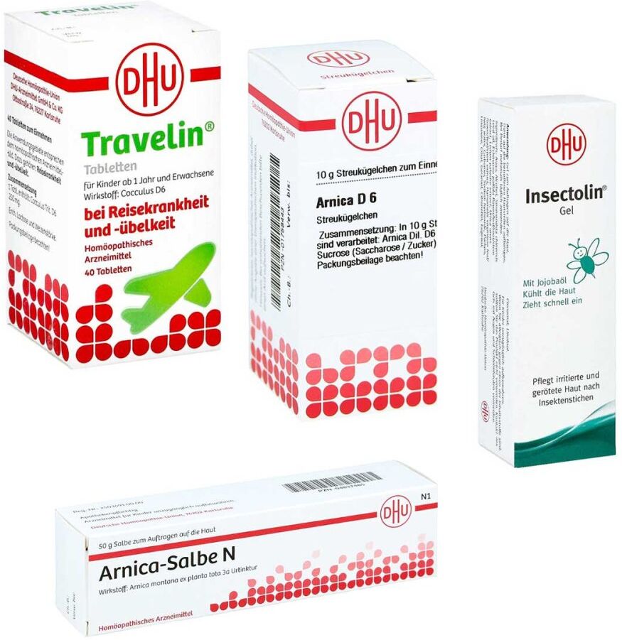 DHU Arnica D6 Globuli, Insectolin, Travelin und Arnica Salbe