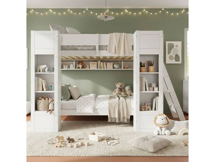 Lit superposé enfant 2x90x200 cm 2 placards Étagère murale Échelle réversible Garde-corps Rangement Style scandinave Blanc