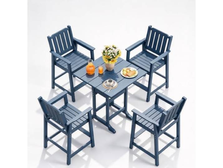 GarveeLife Barhocker 4er-Set HDPE Holzoptik 70 cm Rückenlehne Navyblau Holzoptik, Armlehnen, Fußstütze, wetterfest, für Balkon & Terrasse