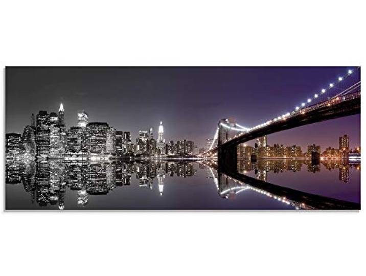 ARTland Wanddeko Glasbilder Wandbild Glas Bild einteilig 125x50 cm Querformat USA New York Skyline Nacht Städte Amerika Hudson River Reflektion S6FD