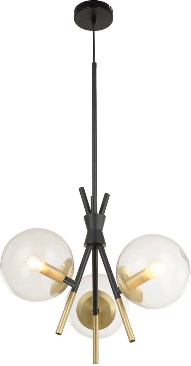 Lucande Sotiana design hanglamp met 3 glazen bollen, messing en metaal, zwart