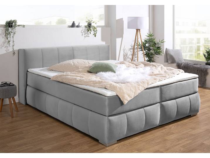 Boxspringbett, Samtoptik, Silber, 207×225 cm, Mit Kaltschaumtopper, Modern, Home Affaire