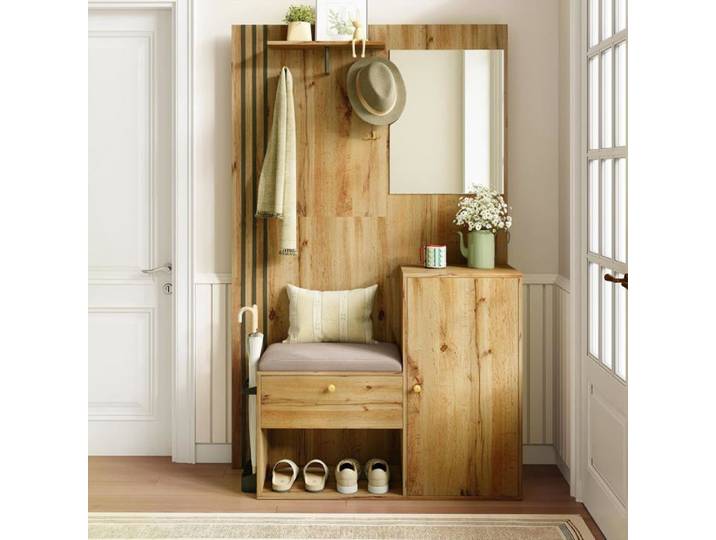 Ensemble de vestiaire 115x185x37cm vestiaire compact avec miroir et coussin de siège vestiaire de couloir avec placard à chaussures