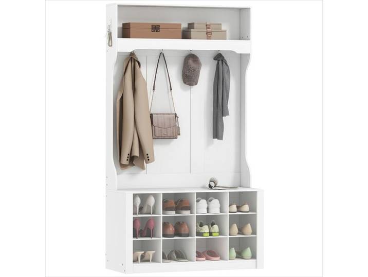 Porte-manteau blanc avec banc et 12 compartiments – Entrée organisée style ferme - Blanc Panneau de particules 100 x 35 x 172.2
