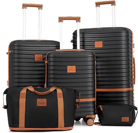 Erweiterbares Trolley-Koffer-Set, 5-teilig, aus ABS-Hartschale in Schwarz/Braun - Handgepäck-Reise-Koffer-Set für Urlaub, Wochenendtrip und Geschäftsreisen