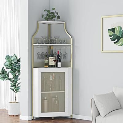 Yun Corner Wine Cabinet with Detachable Wine Rack, 5-Tier Industrial Corner Bar Cabinet