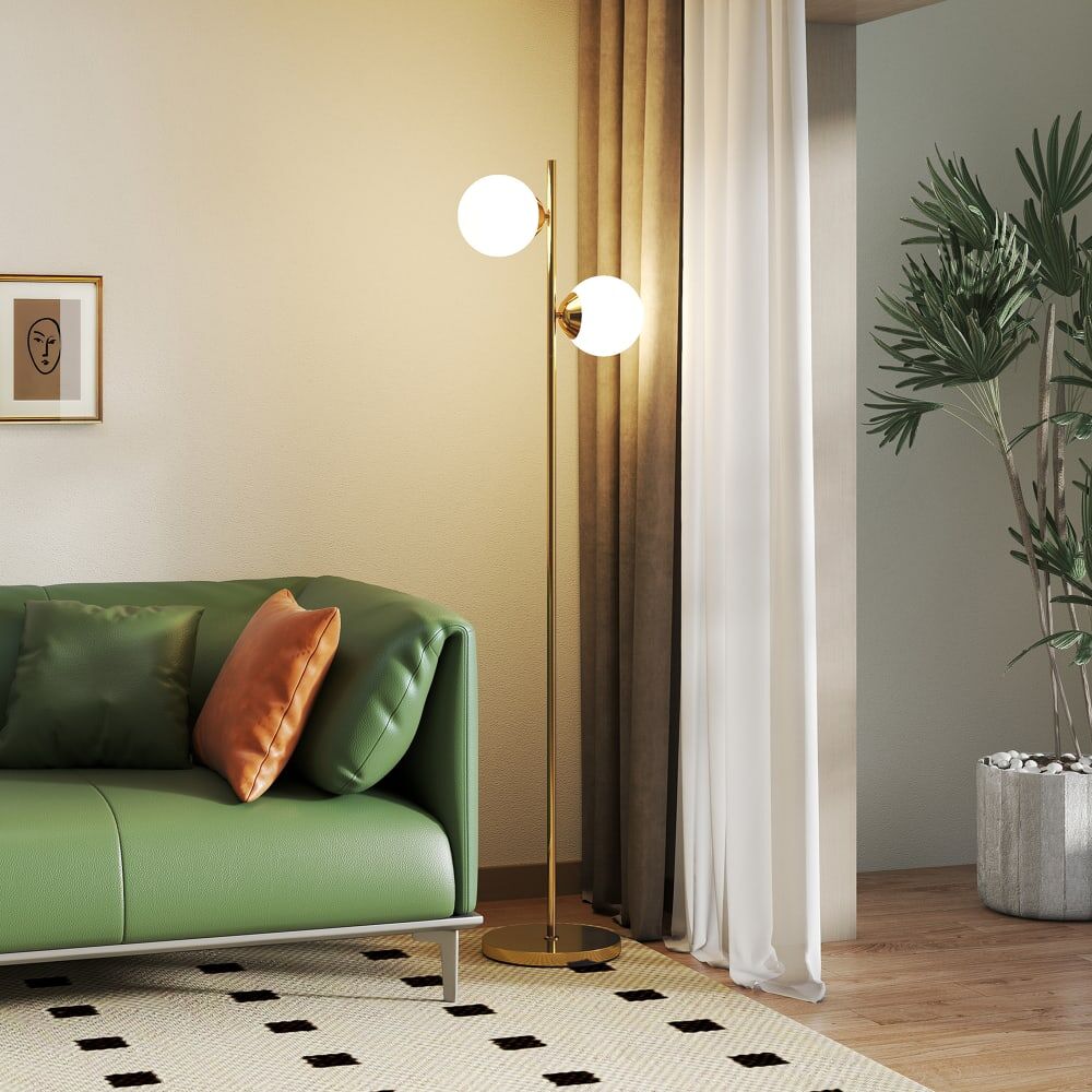 Homcom Lampadaire design néo-rétro 2 boules h165 cm métal doré Jaune 39x165x28cm