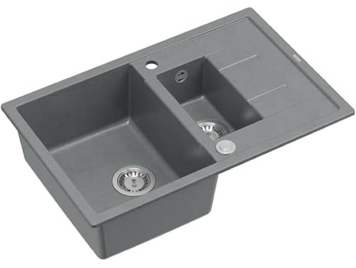 QUADRON Doppelbecken-Spüle Spülbecken Küchenspüle Größe: 78 x 50 x 22 cm, Grau & Stahl MORGAN 116 Granit Granitspüle mit Abtropffläche Doppelbecken Spüle Küche Schrankunterbau von: 60 cm