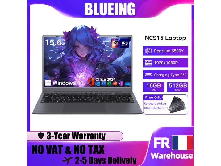 Ordinateur portable BLUEING Intel Pentium 6500Y (jusqu'à 3,4 GHz) Windows 11 Pro, écran IPS 15,6 pouces, 16 Go, SSD NVMe 512 Go, clavier numérique, Wi-Fi 5