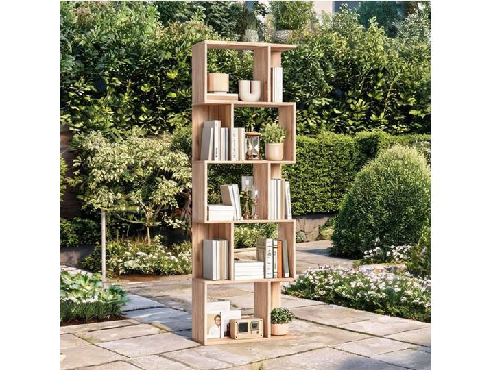 Bibliothèque effet bois naturel en S à 5 niveaux panneau de particules 60x24x184 5 cm design cloison