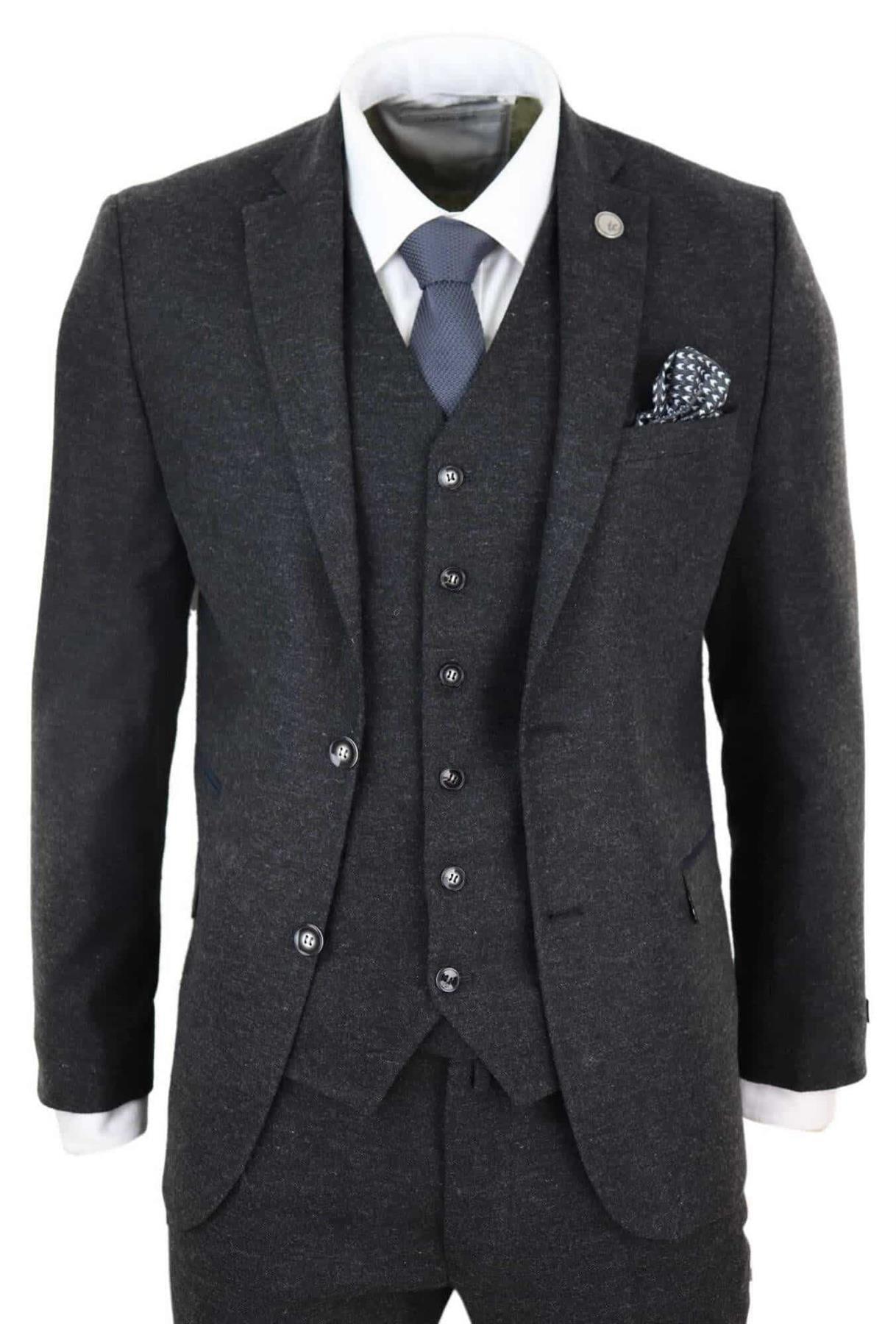 Heren 3-delige Zwarte Wol Tweed Vintage Retro Kostuum