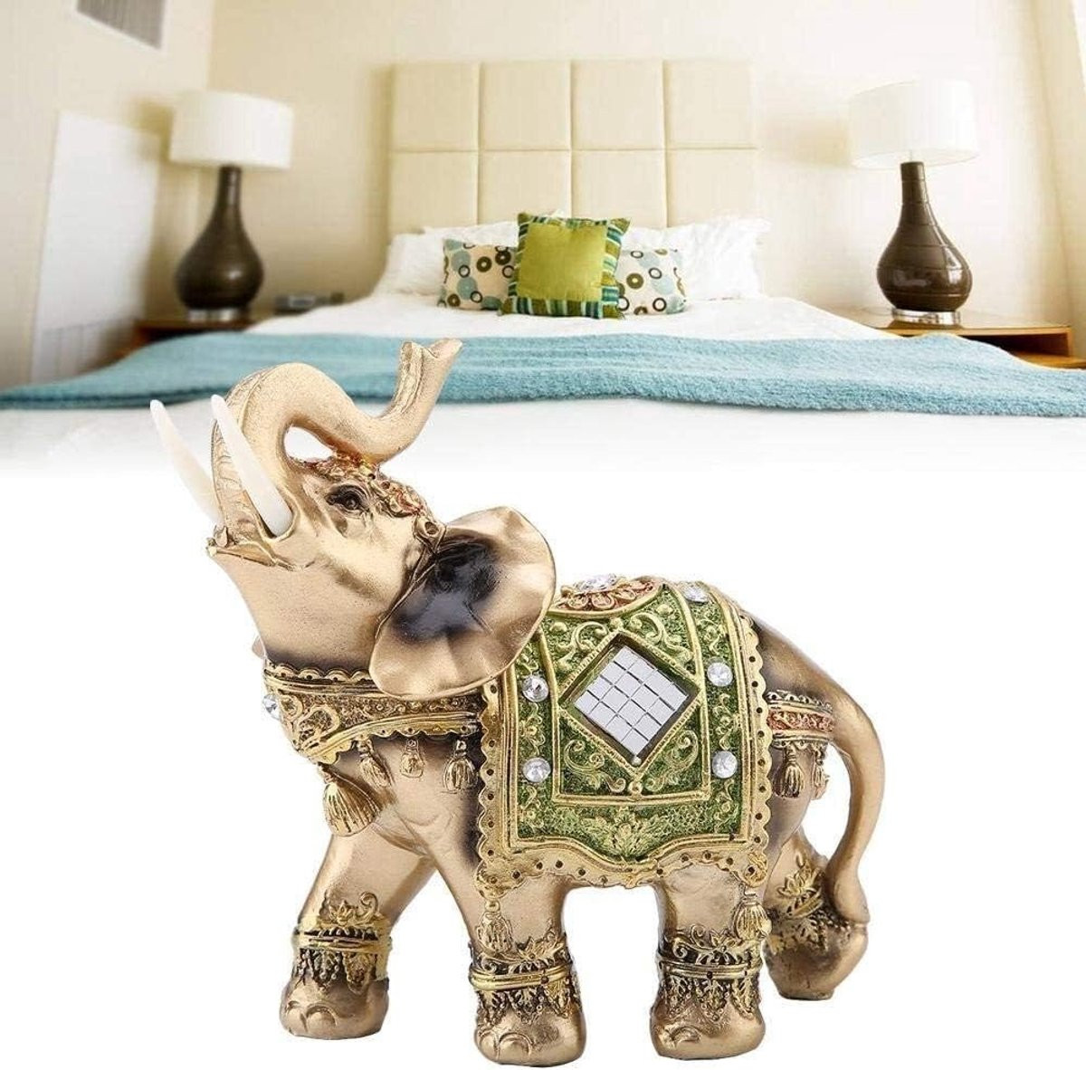 Groen Olifant Beeldje Geluksbrenger Decoratie met Antislip onderkant - Hoogte: 13.5 cm