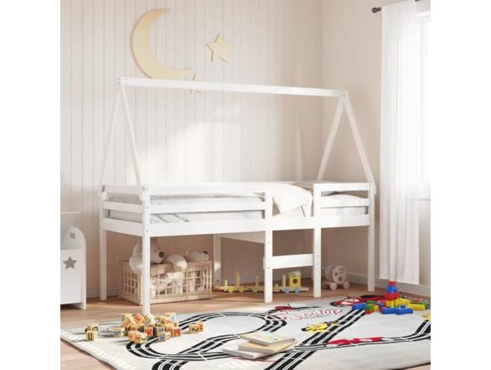 RJPLMFV Hochbett, weiß, 90 x 200 cm, Kiefernholz, massiv Ohne Matratze, integrierte Leiter, Geländer, Unterbettaufbewahrung, kleines Schlafzimmer