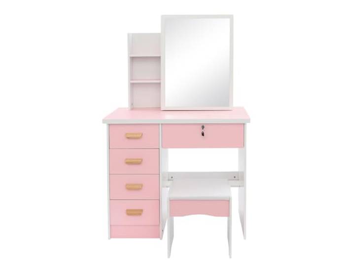 SFTYEI Schminktisch Kommode Kosmetiktisch mit Hocker 128x80x35cm 5 Schubladen, 3 offene, 3 versteckte Fächer, abschließbar, Spiegel, MDF, 100kg, für Schlafzimmer, Ankleide, Kosmetik, Schmuck