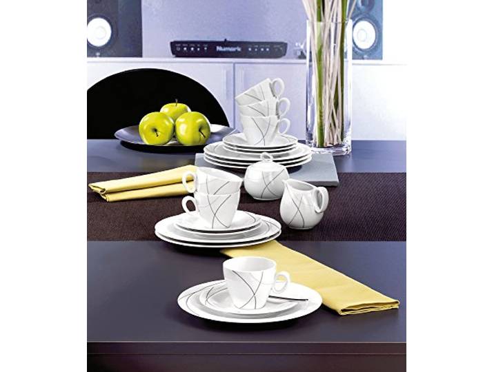 Seltmann 001.706985 Weiden Trio Porzellan Kaffeeservice-Set, Rund mit Prägungen, Modern, Grafical, Grau, 20 Teilig