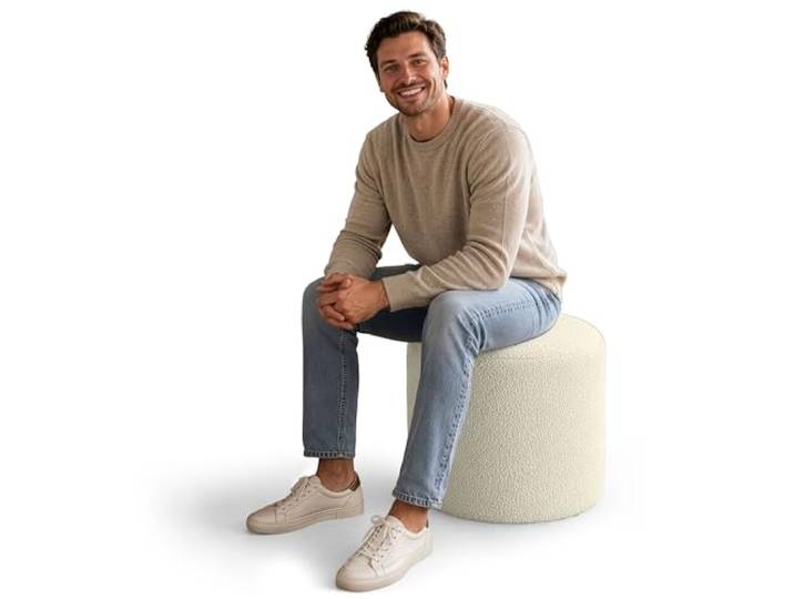DreamRoots Bouclé Hocker Pouf, Rund Ø50x50 cm, Cremefarben Fußhocker, Sitzhocker, vielseitig als Sitzgelegenheit, Beistelltisch & Bodenkissen, Sitzpouf